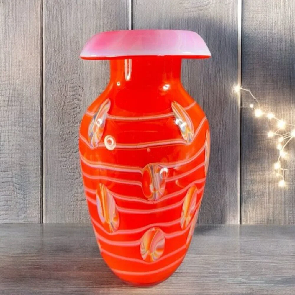 Tall Art Glass Vase Vessel Mushroom Top Orange With White Swirl Glass Vase 12inc